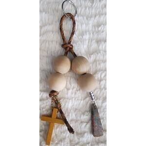 Western Stone cross keychain bag charm Zipper Pull Rear View Silvertone vintage